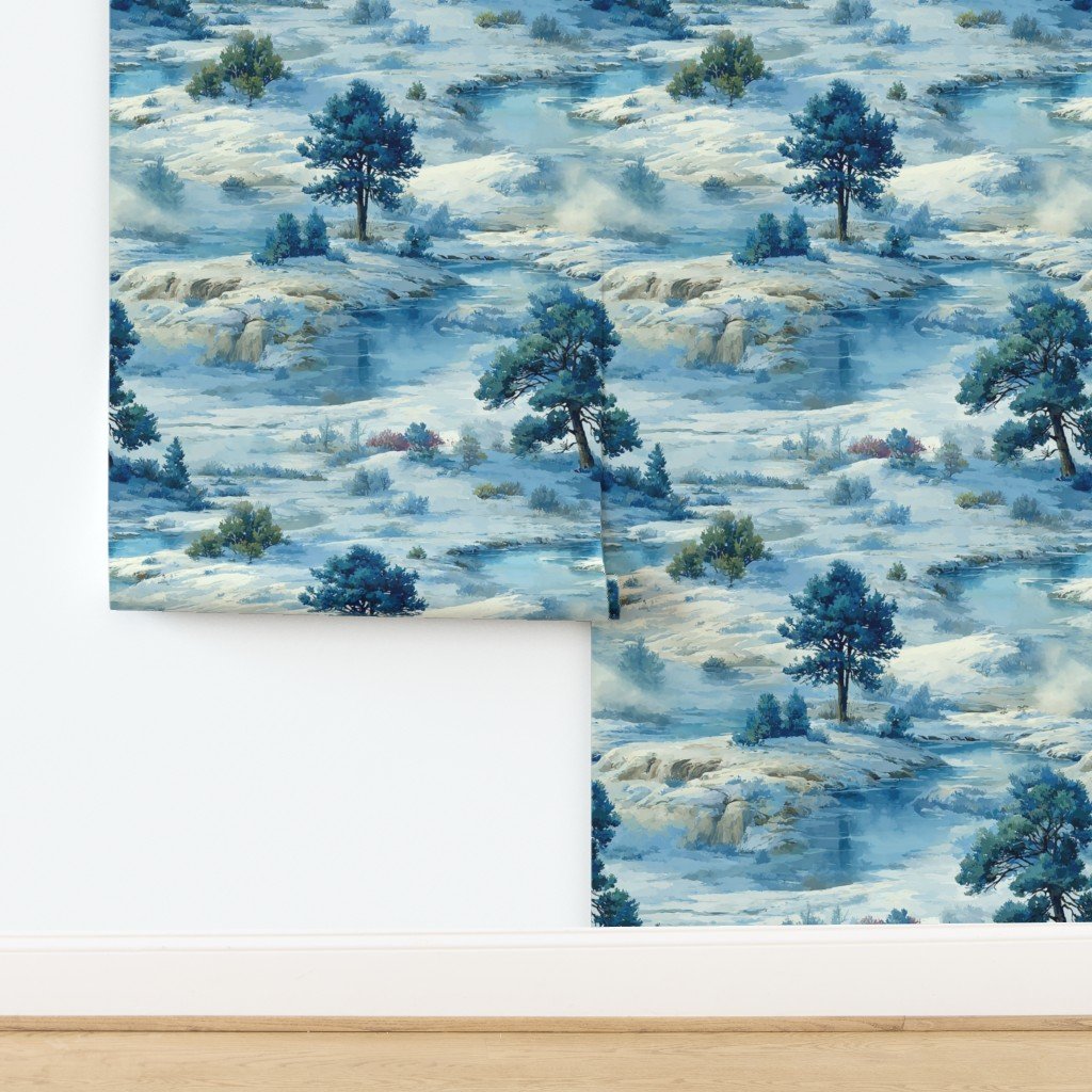 Yellowstone National Park Winter Christmas Watercolor Landscape Wallpaper design
