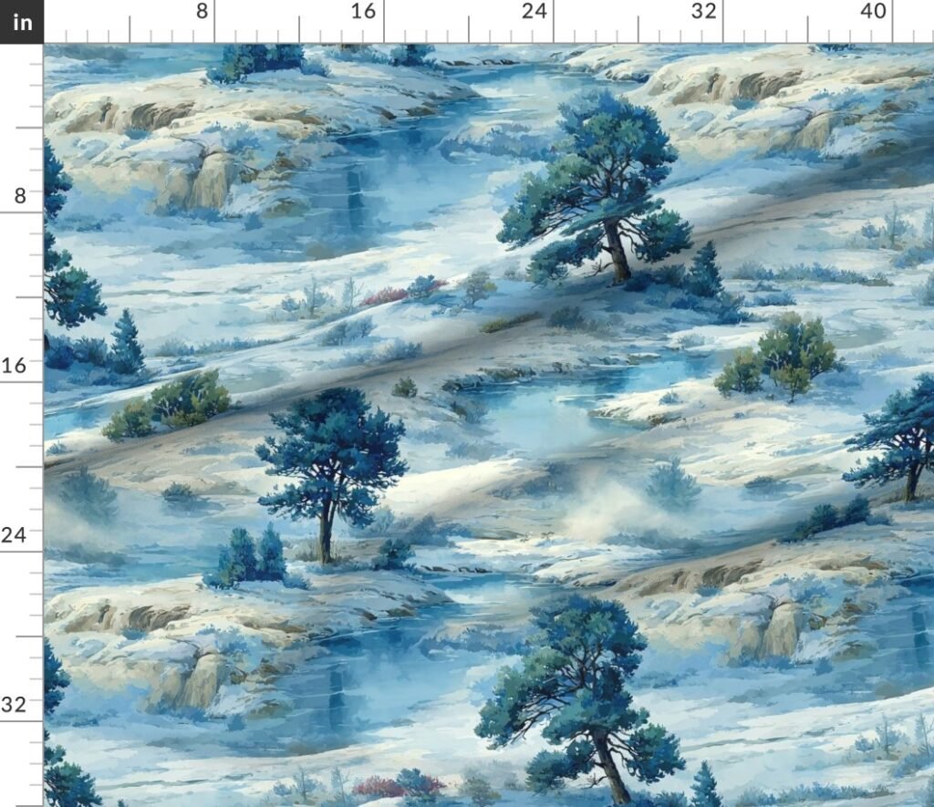 Yellowstone National Park Winter Christmas Watercolor Landscape Fabric design