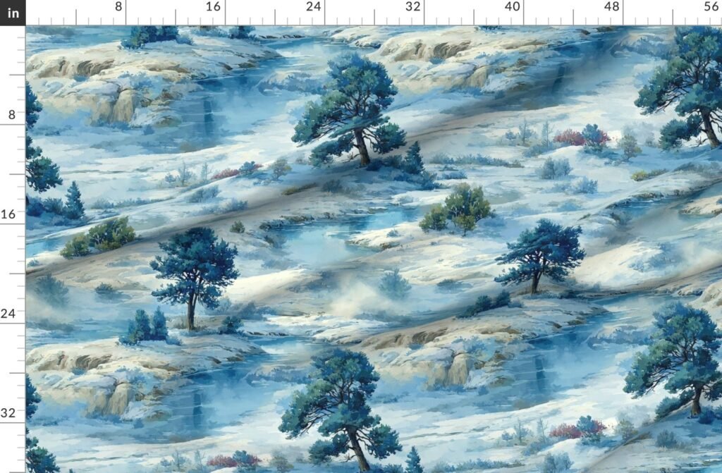 Yellowstone National Park Winter Christmas Watercolor Landscape Fabric design