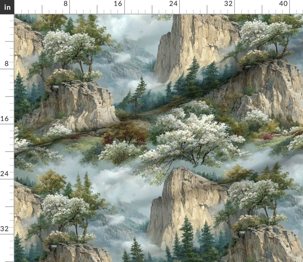 Yosemite National Park Spring Watercolor Granite Cliff Landscape Fabric design