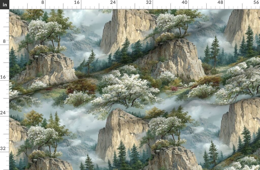 Yosemite National Park Spring Watercolor Granite Cliff Landscape Fabric design
