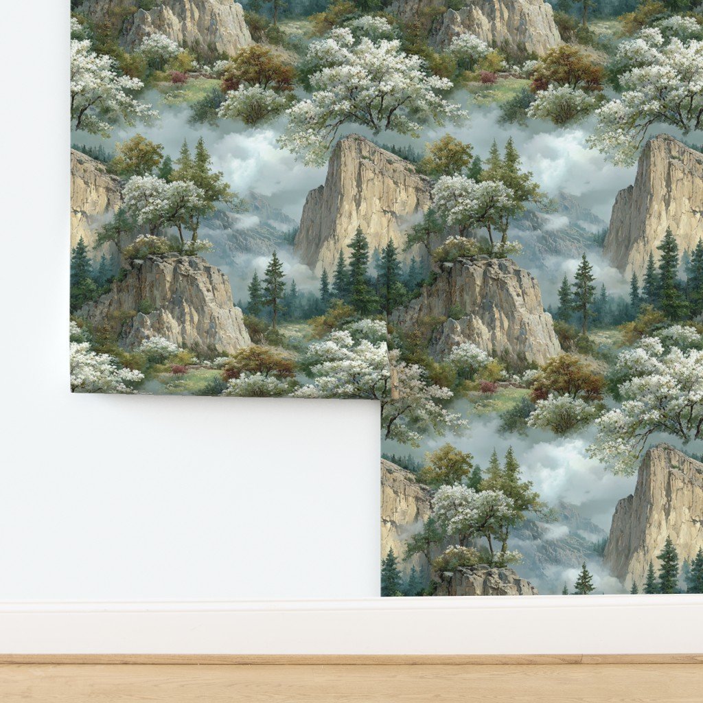 Yosemite National Park Spring Watercolor Granite Cliff Landscape Wallpaper design