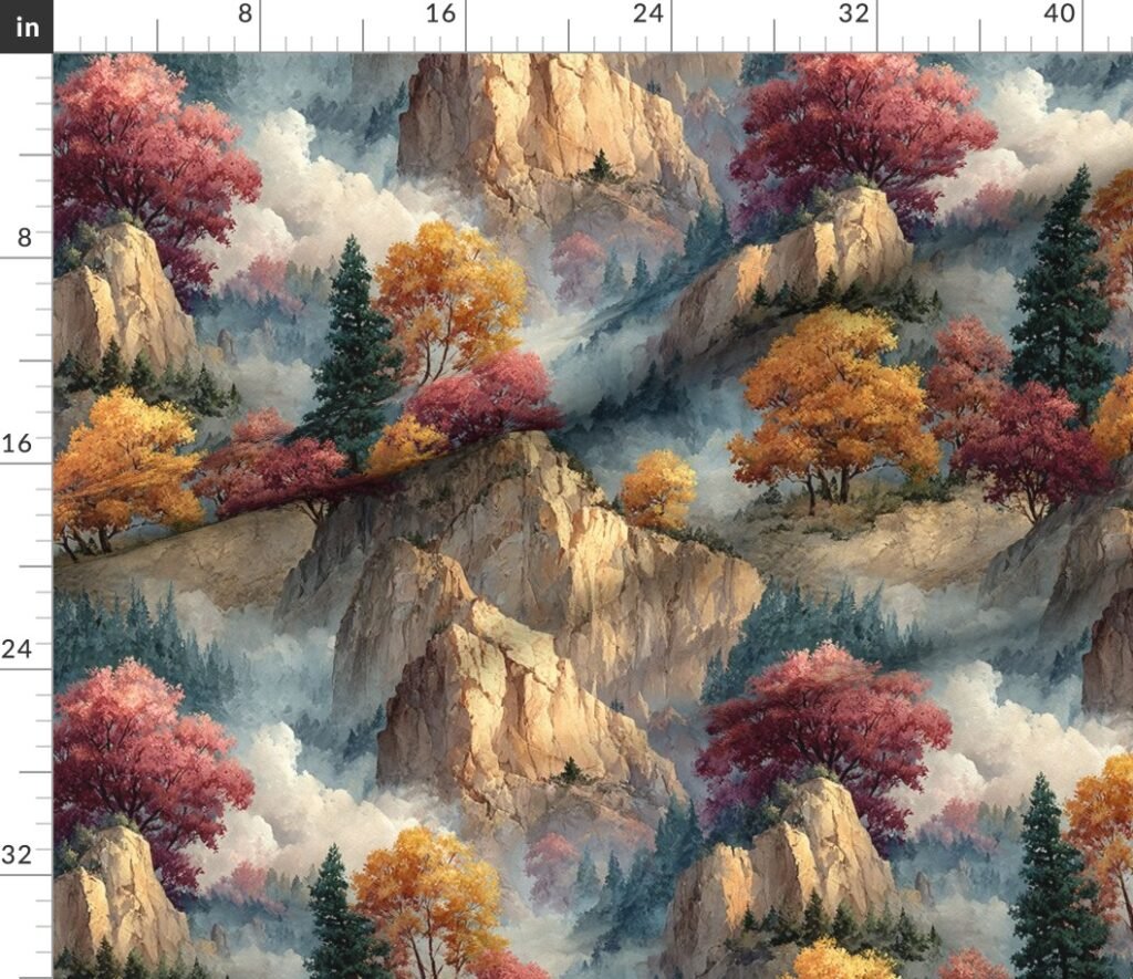 Yosemite National Park Autumn Watercolor Scenic Landscape Fabric design