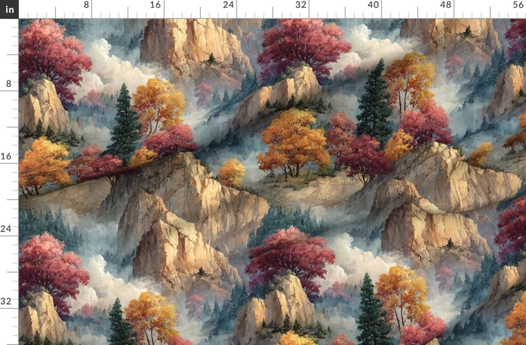 Yosemite National Park Autumn Watercolor Scenic Landscape Fabric design