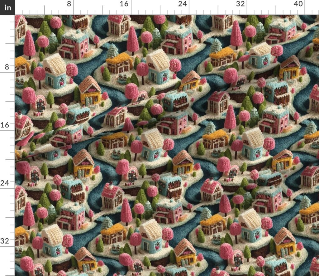 Whimsical Crocheted Christmas Candy Land Village Fabric design