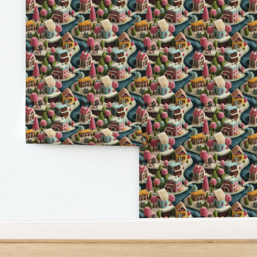 Whimsical Crocheted Christmas Candy Land Village Wallpaper design