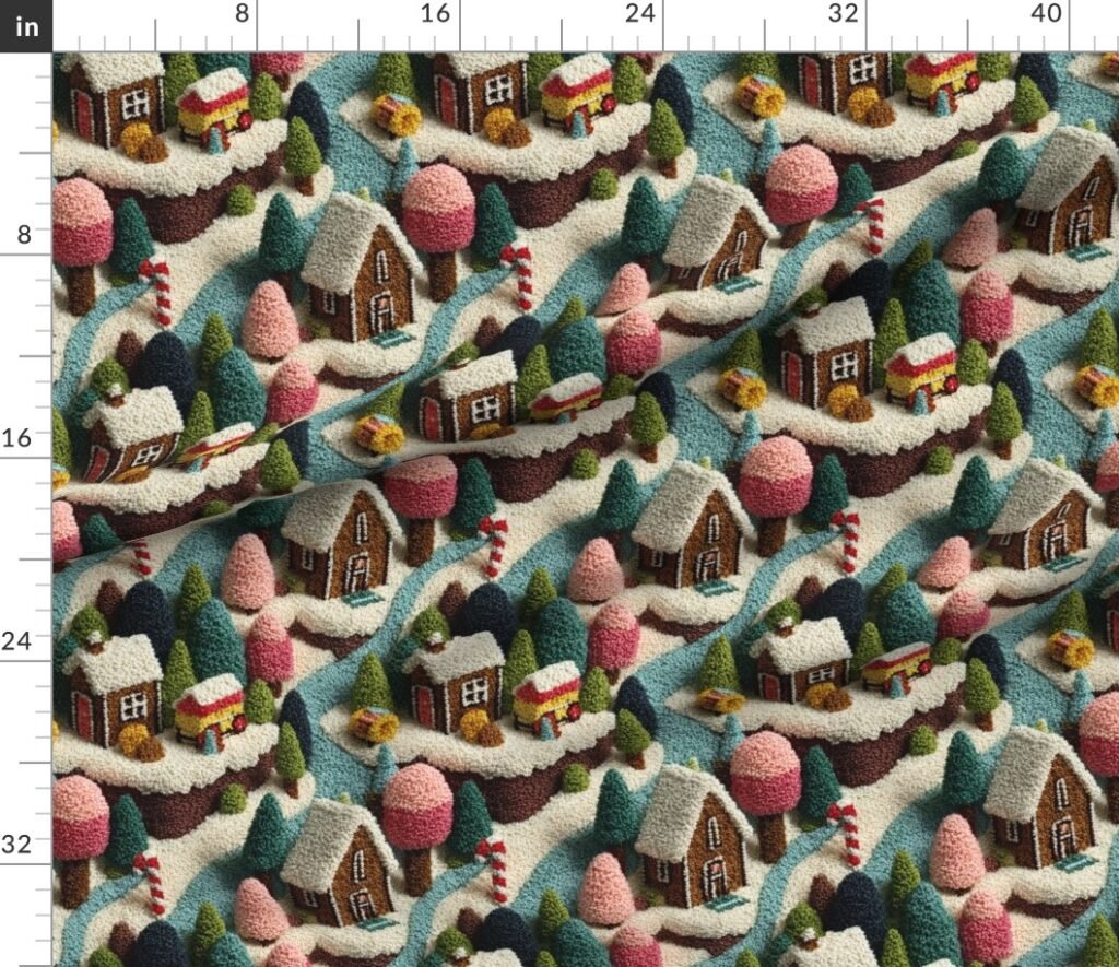 Gingerbread Crocheted Christmas Candy Land Village Fabric design