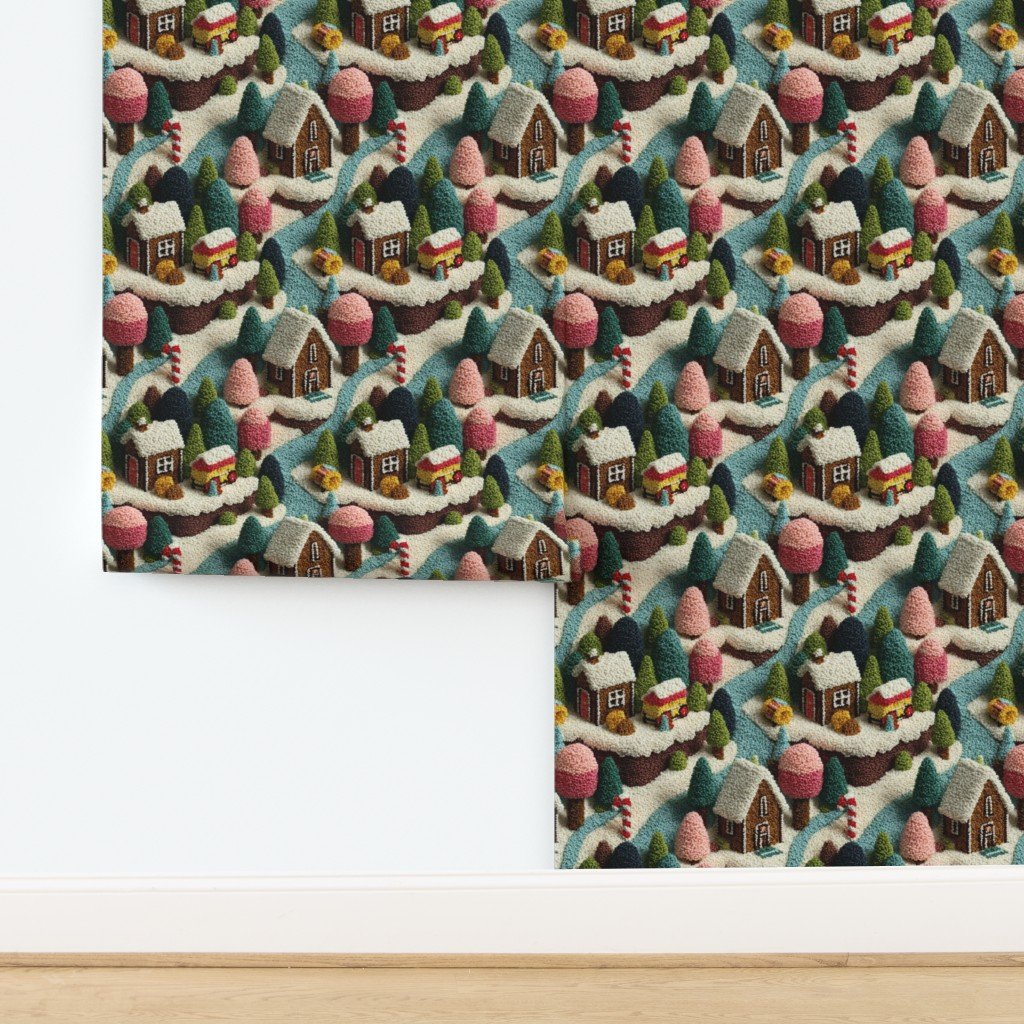 Gingerbread Crocheted Christmas Candy Land Village Wallpaper design