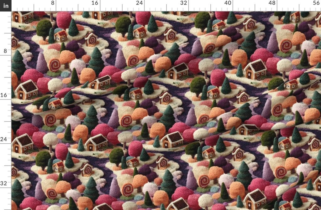 Plum Dream Crocheted Candy Land Village Fabric design