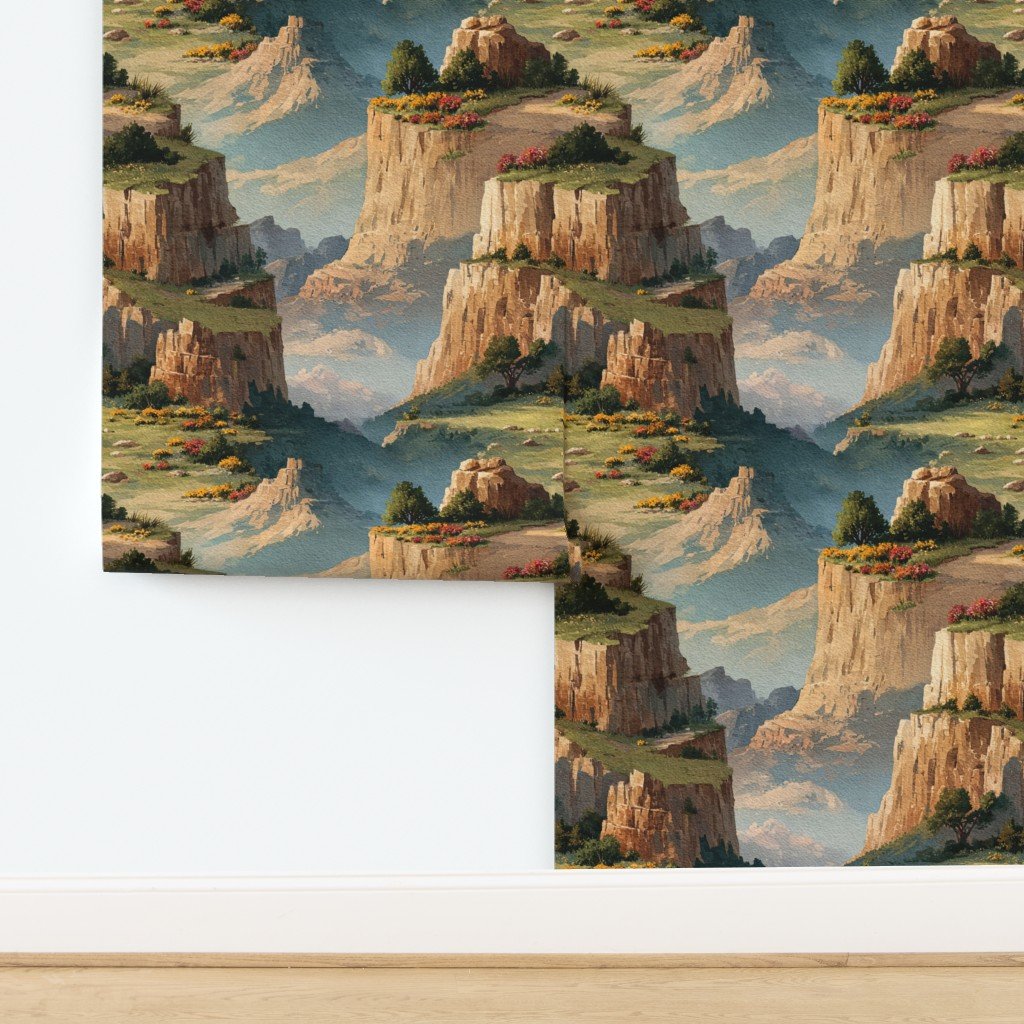 Spring Blossoms Over the Grand Canyon Watercolor Landscape Wallpaper design