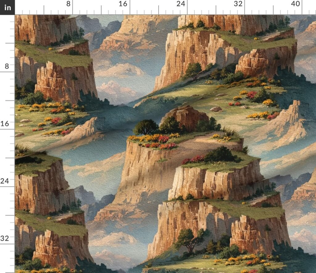 Spring Blossoms Over the Grand Canyon Watercolor Landscape Fabric design