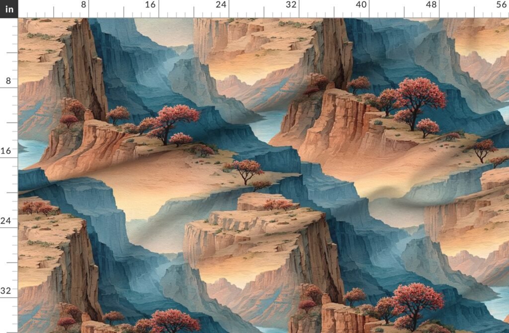Spring Blossoms Over the Grand Canyon Watercolor Landscape Fabric design