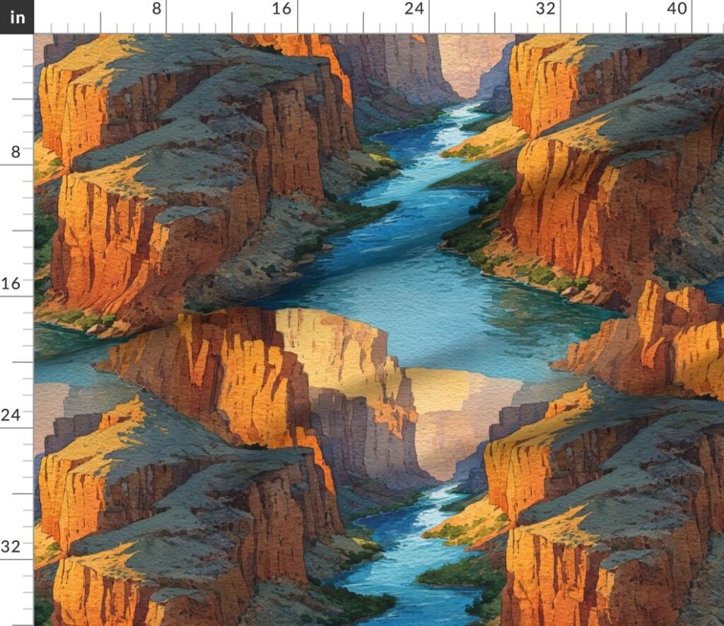 Summer Sun Over the Grand Canyon Watercolor Landscape Fabric design