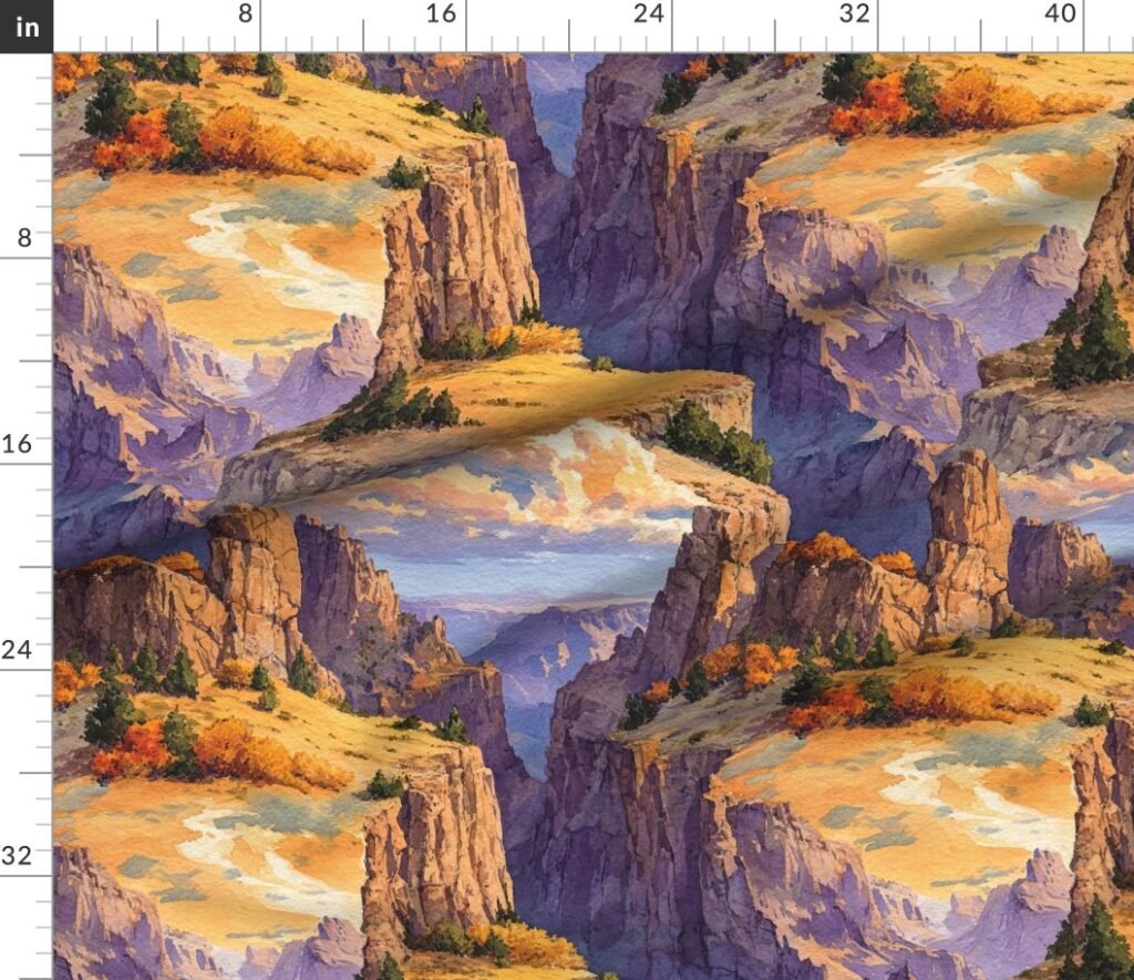 Autumn Glow Over the Grand Canyon Watercolor Landscape Fabric design