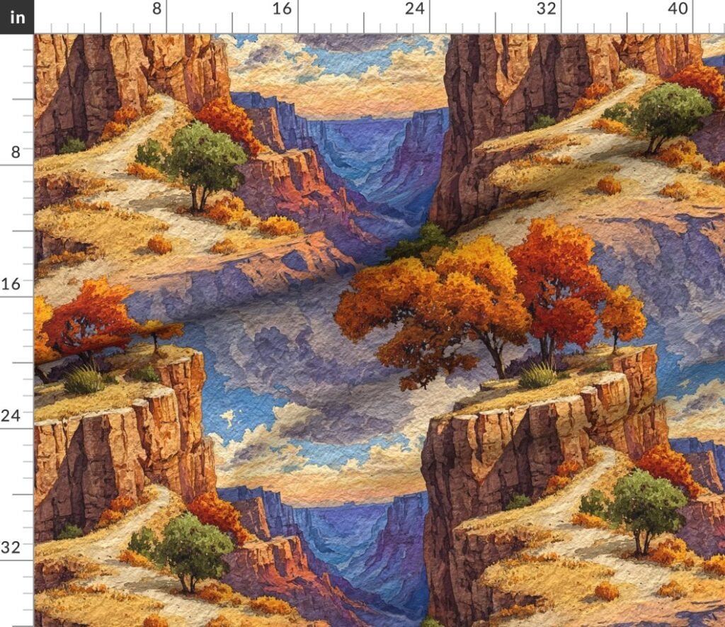 Autumn Glow Over the Grand Canyon Watercolor Landscape Fabric design