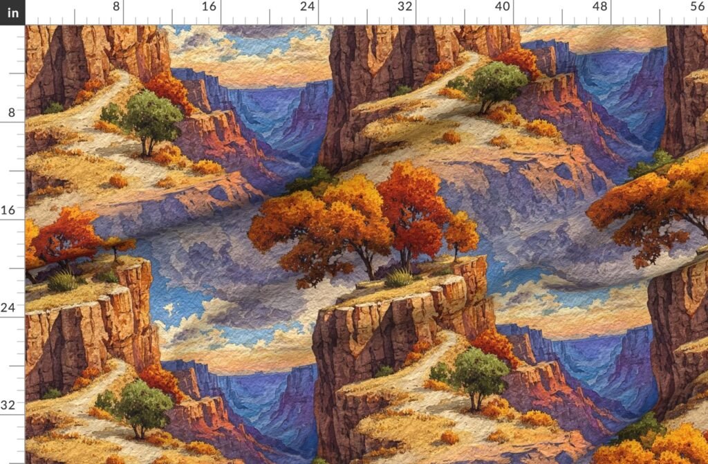 Autumn Glow Over the Grand Canyon Watercolor Landscape Fabric design