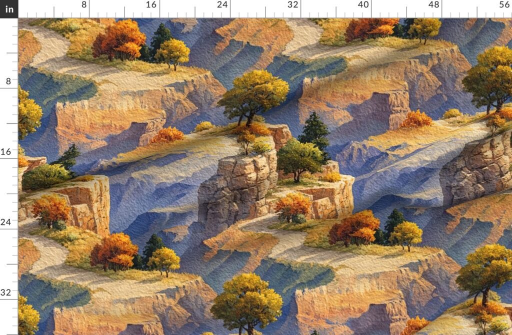 Autumn Glow Over the Grand Canyon Watercolor Landscape Fabric design