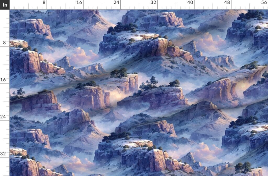 Winter Silence Over the Grand Canyon Watercolor Landscape Fabric design