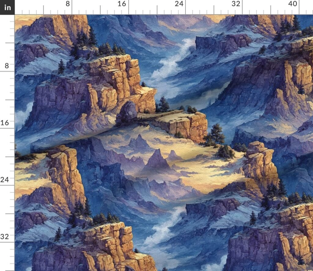 Winter Silence Over the Grand Canyon Watercolor Landscape Fabric design