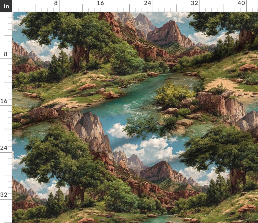 Spring Panorama of Zion Canyon Watercolor Landscape Fabric design