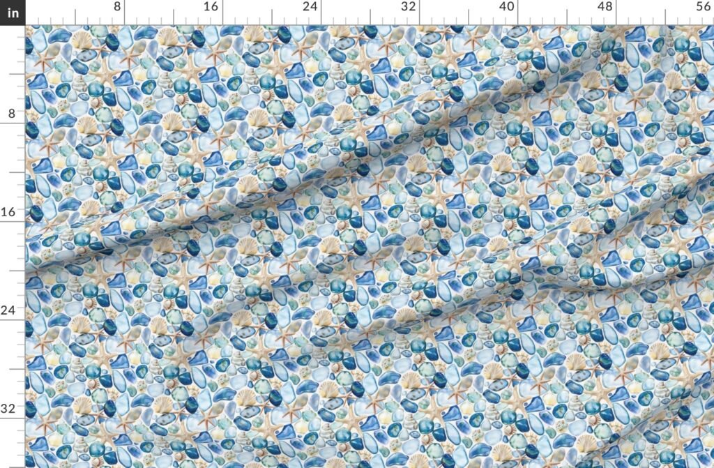 Watercolor Sea Glass Shells and Starfish Coastal Pattern in Ocean Fabric design