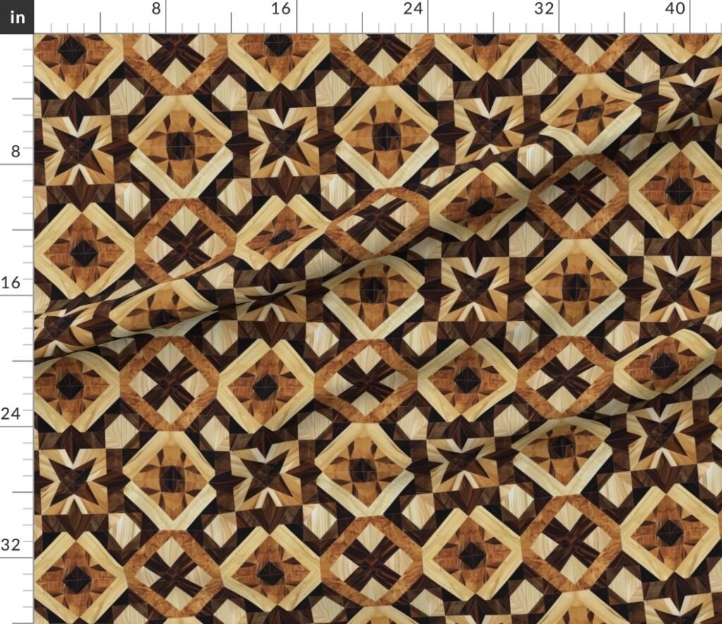 Geometric Marquetry Wood Inlay Pattern in Rich Dark Wood Tones Fabric design