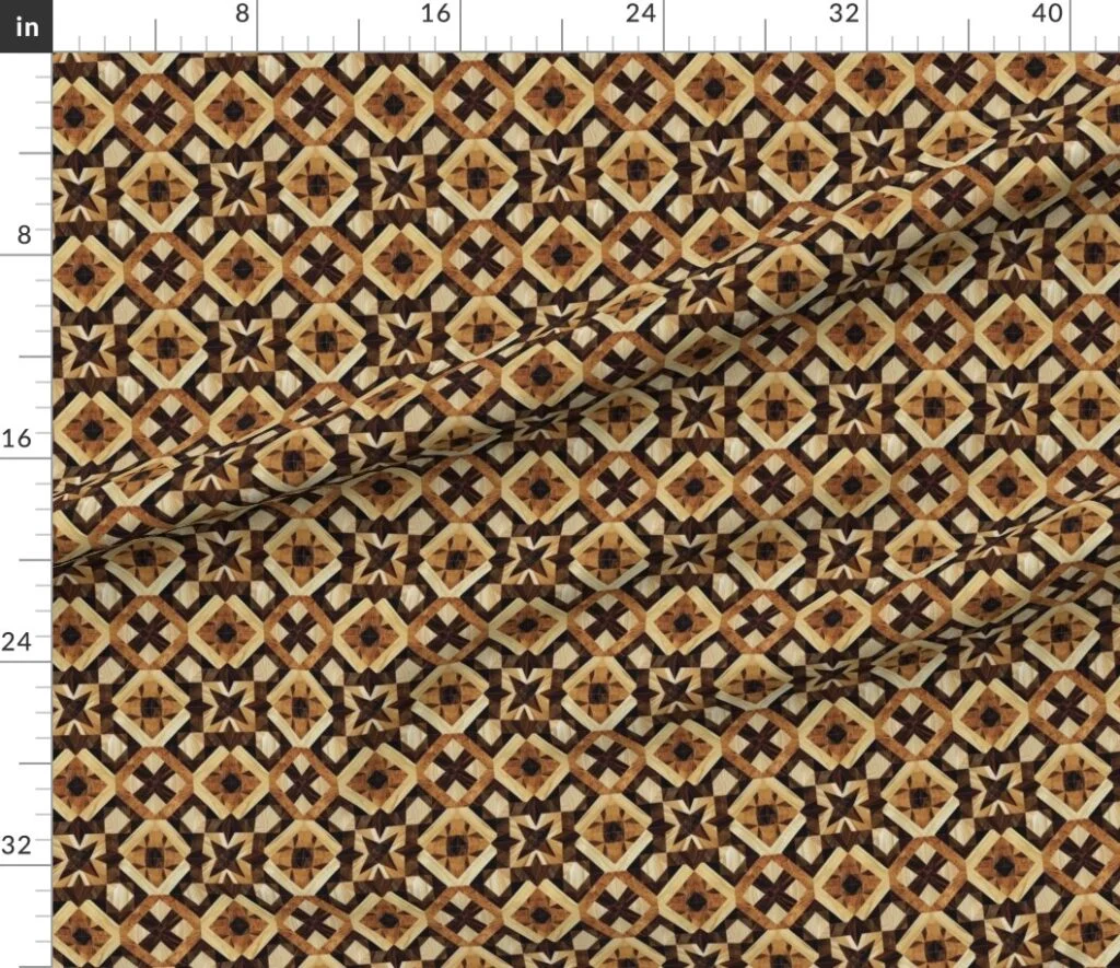Small Geometric Marquetry Wood Inlay Pattern in Rich Dark Wood Tones Fabric design