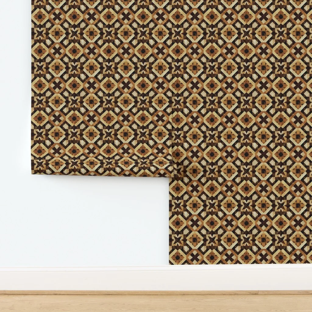 Small Geometric Marquetry Wood Inlay Pattern in Rich Dark Wood Tones Wallpaper design