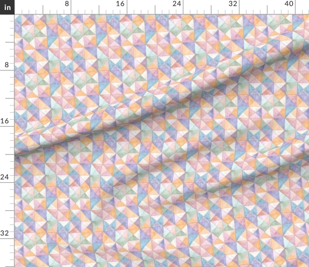 Soft Watercolor Quilted Patchwork Triangles in Peach Lavender and Fabric design