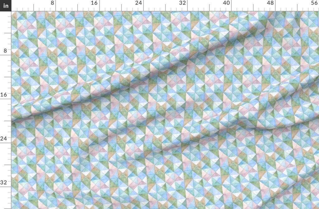 Soft Watercolor Quilted Patchwork Triangles in Sky Blue and Sage Fabric design
