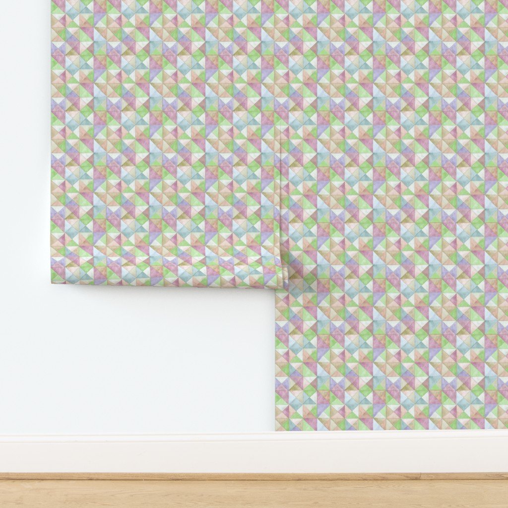 Soft Watercolor Quilted Patchwork Triangles in Spring Green and Wallpaper design