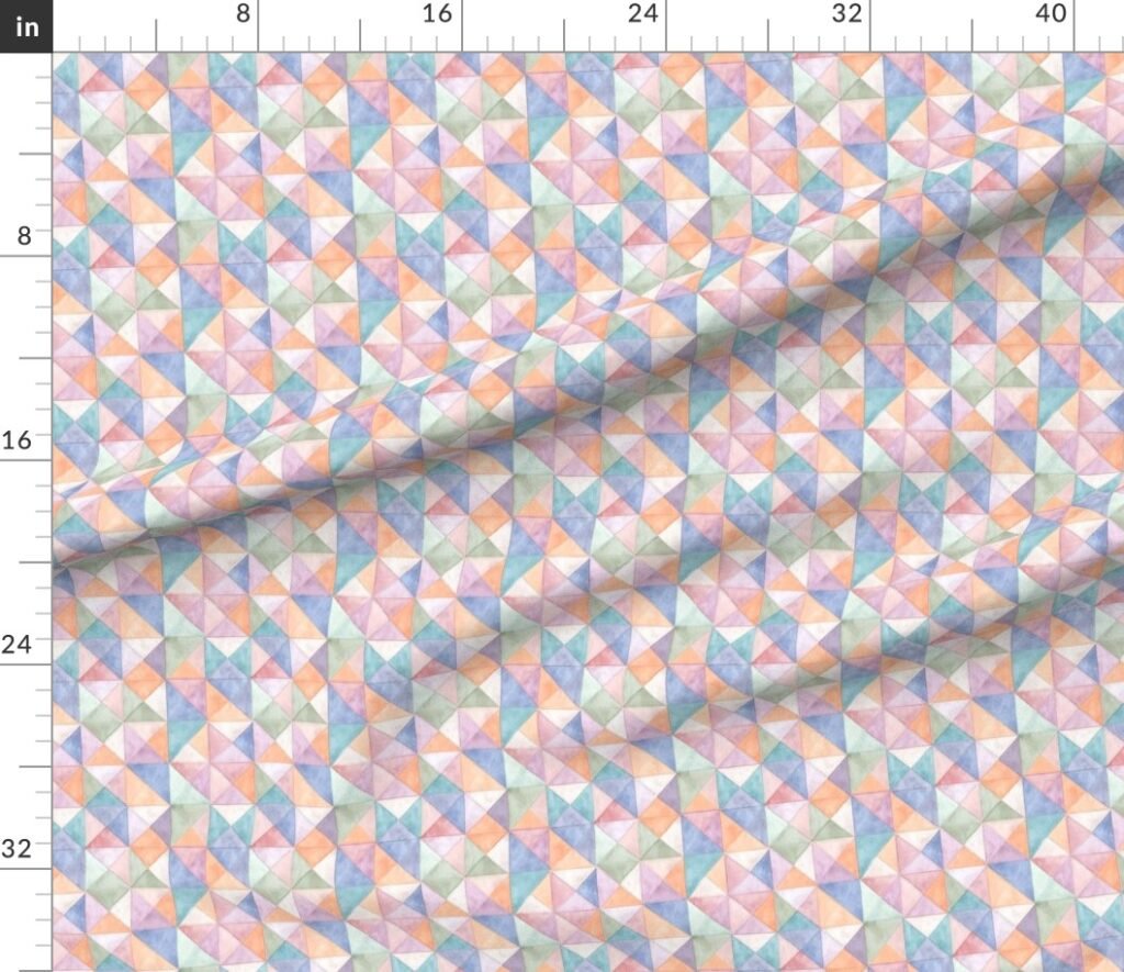 Soft Watercolor Quilted Patchwork Triangles in Peach Lavender and Fabric design