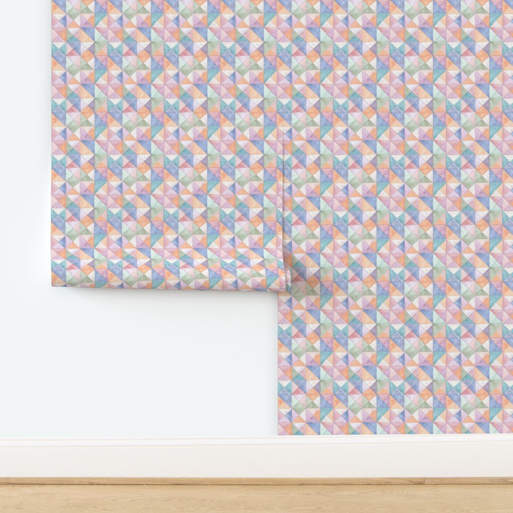 Soft Watercolor Quilted Patchwork Triangles in Peach Lavender and Wallpaper design