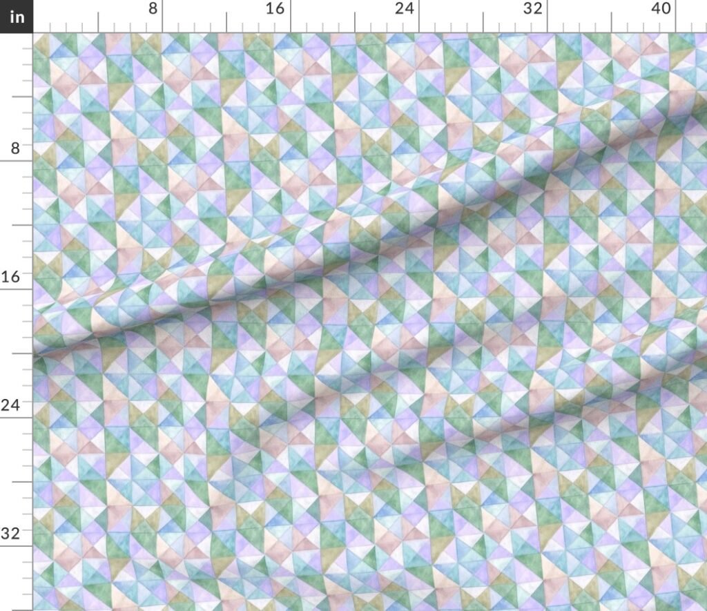Soft Watercolor Quilted Patchwork Triangles in Mint Sage and Fabric design