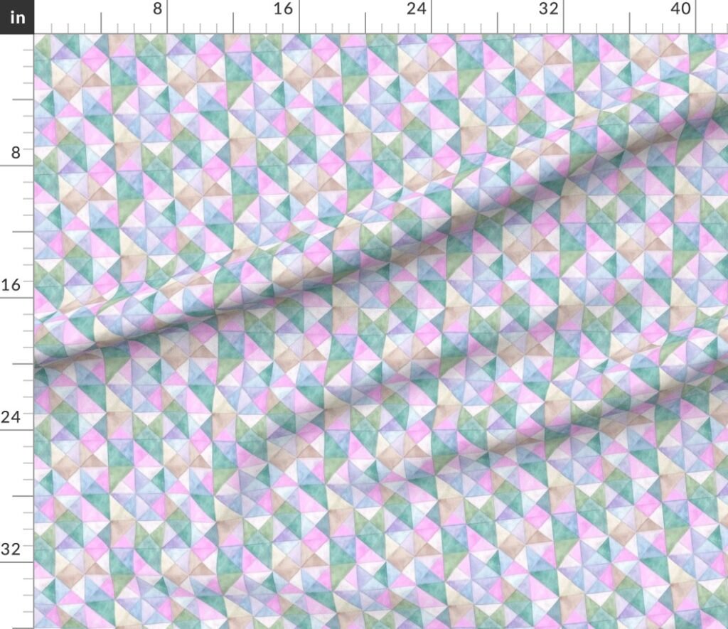Soft Watercolor Quilted Patchwork Triangles in Pink Mint and Sage Fabric design