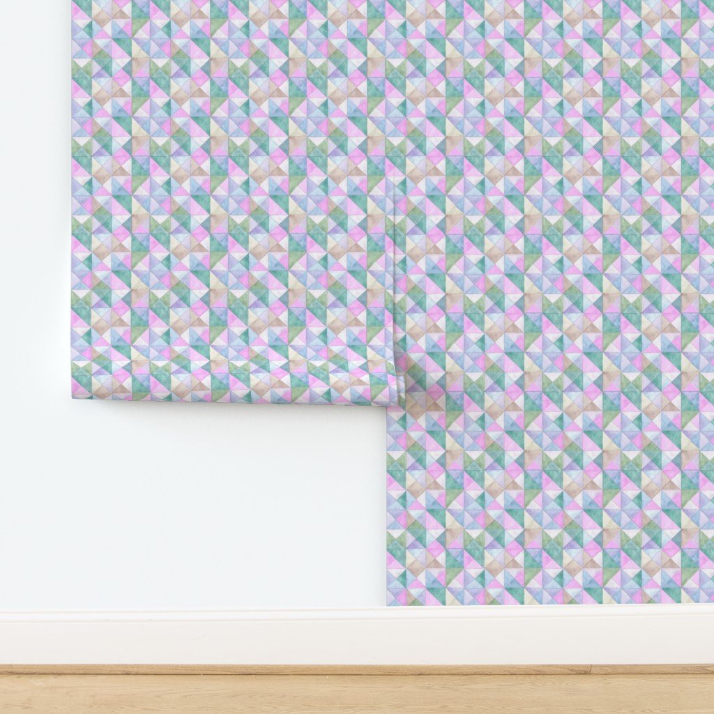 Soft Watercolor Quilted Patchwork Triangles in Pink Mint and Sage Wallpaper design