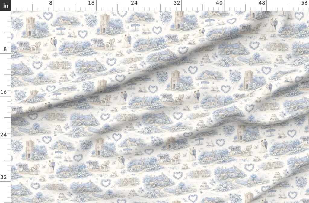 Blue English Village Wedding Toile Watercolor Pattern Fabric design