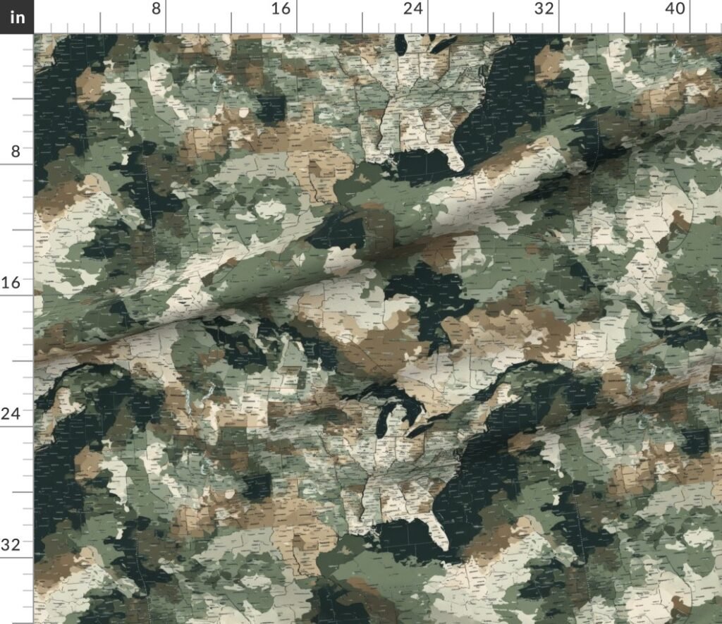 USA State Outline Camouflage Map Design in Earth Tone Green and Sand Fabric design