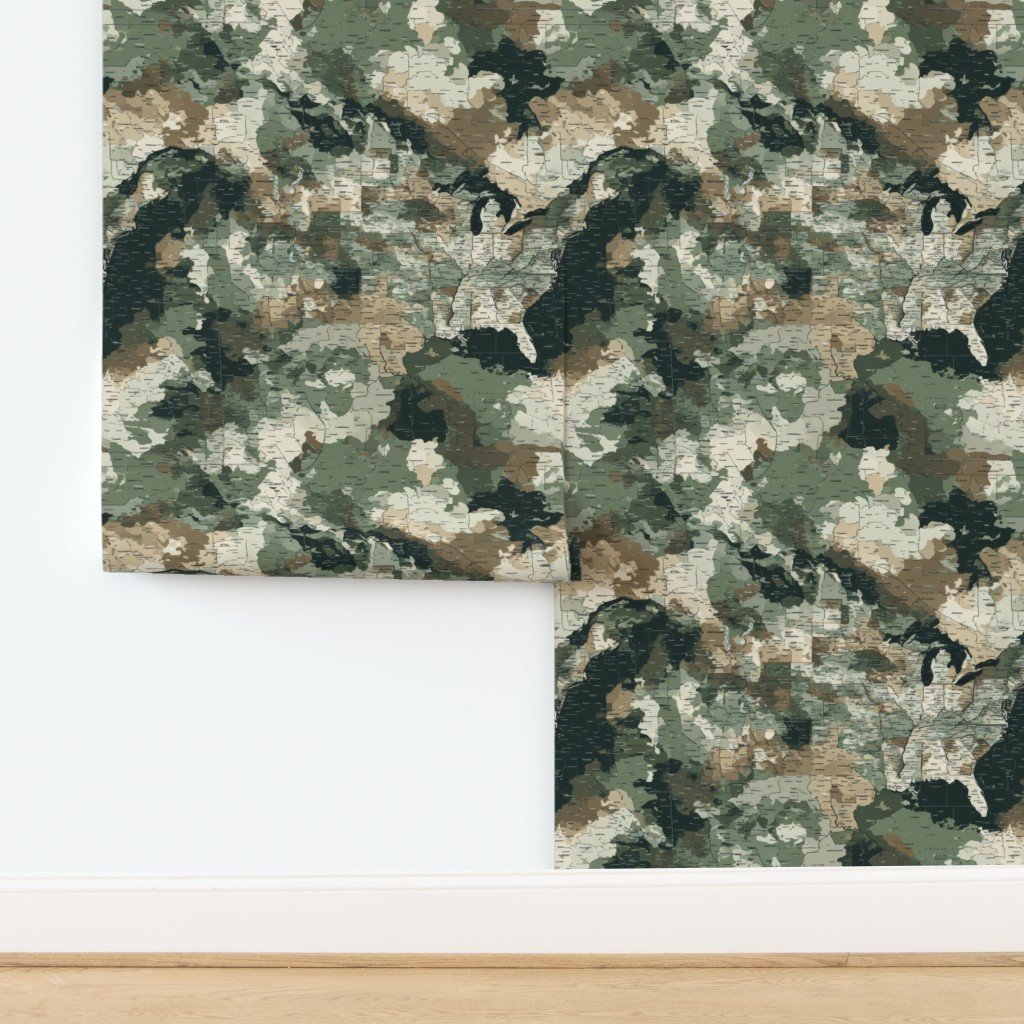 USA State Outline Camouflage Map Design in Earth Tone Green and Sand Wallpaper design