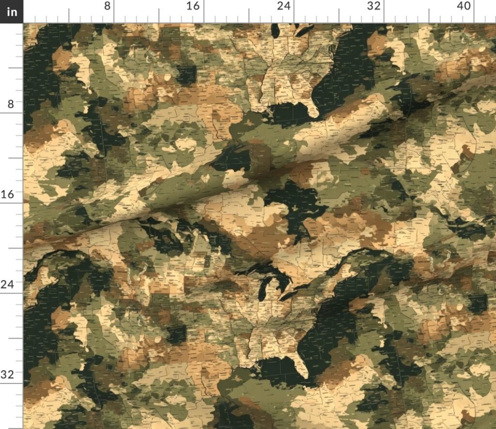 USA State Outline Camouflage in Sand and Deep Forest Fabric design