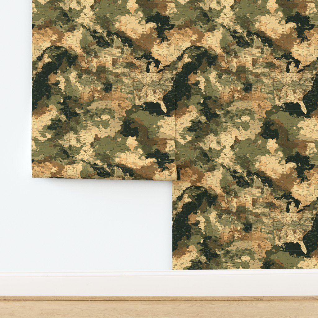 USA State Outline Camouflage in Sand and Deep Forest Wallpaper design