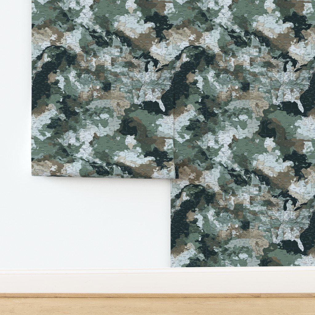 USA State Outline Camouflage in Sage Green and Slate Wallpaper design