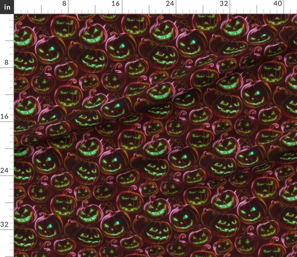 Small Neon Red Halloween Pumpkins Glowing in the Dark Fabric design