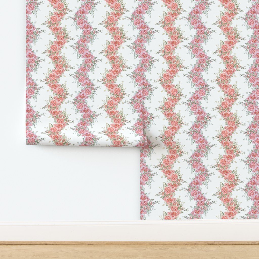 Vintage English Garden Watercolor Two Tone Pink Rose Stripe Pattern Wallpaper design