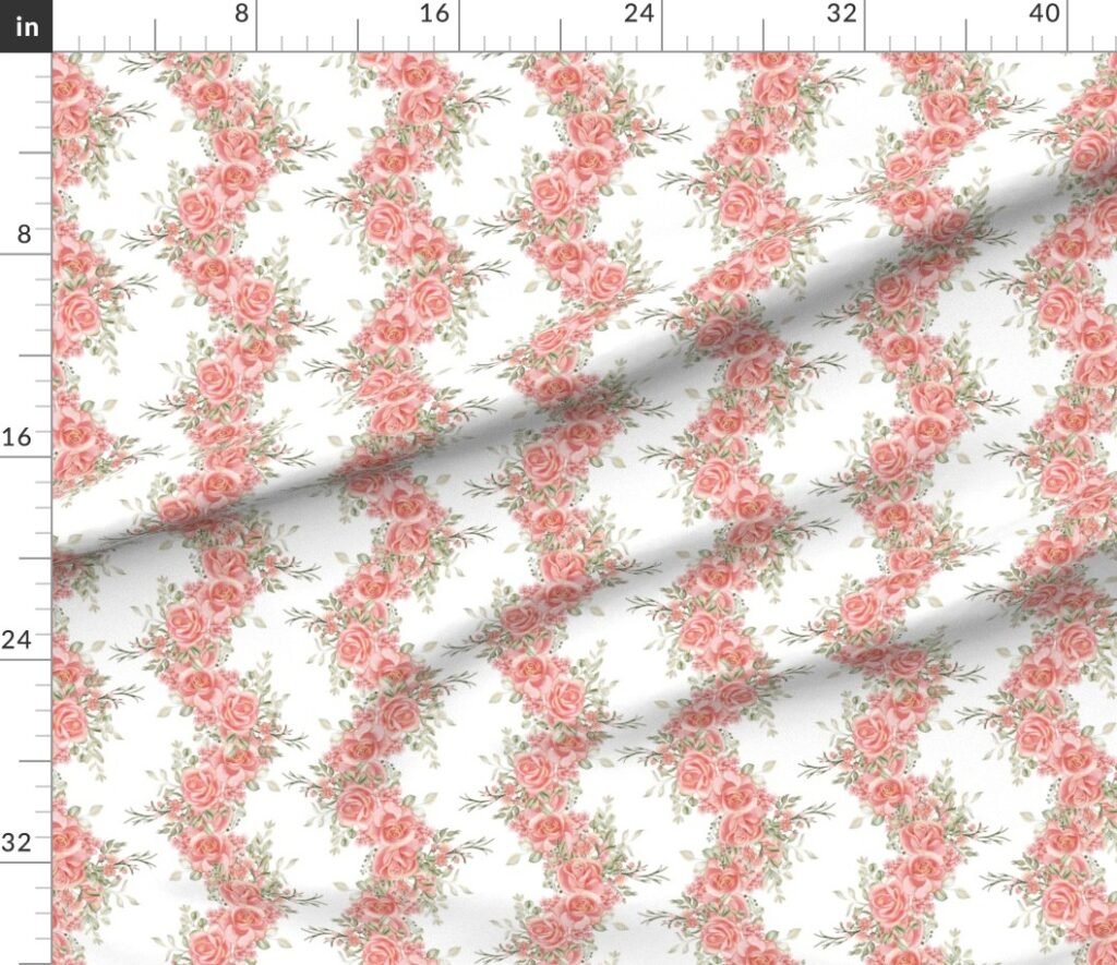 Vintage English Garden Watercolor Coral Pink Rose Stripe Pattern on Wh Fabric design