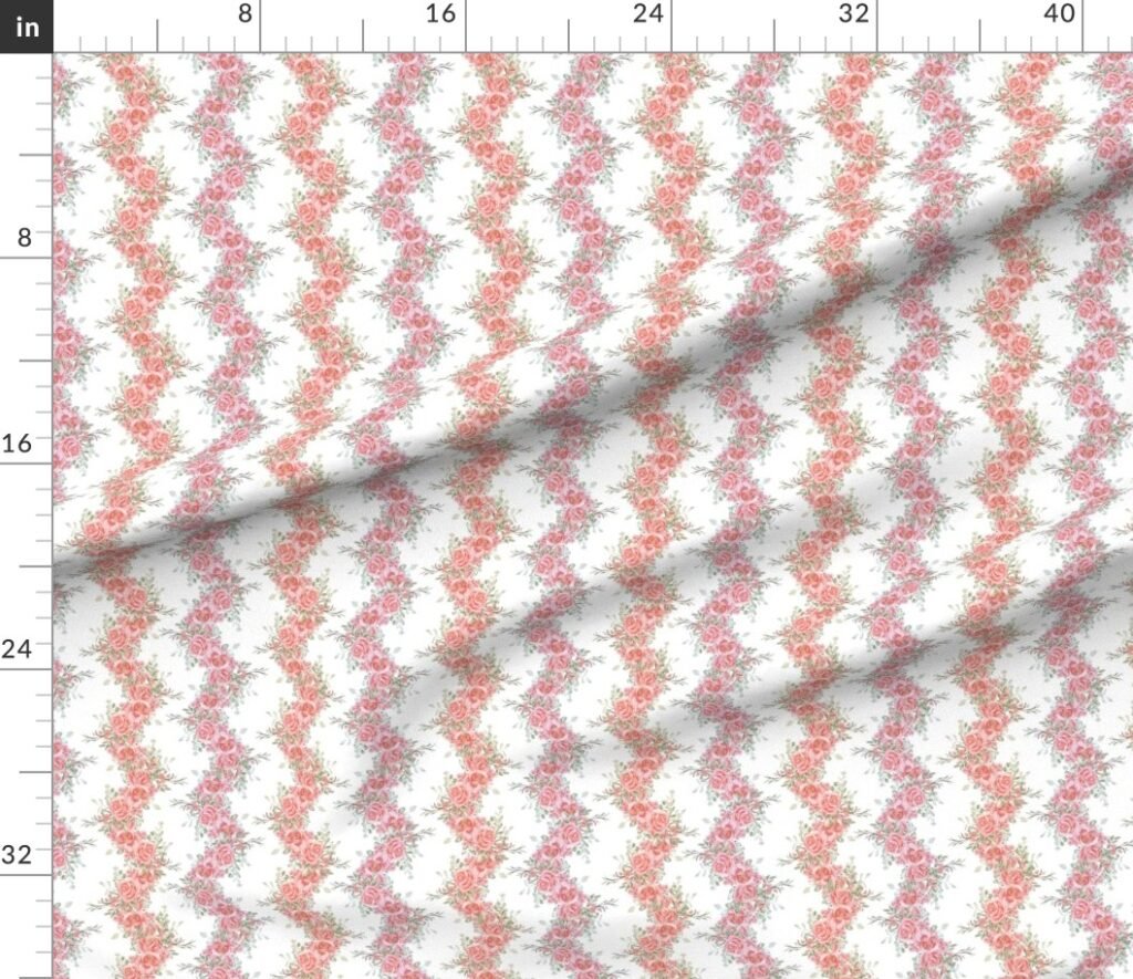 Vintage English Garden Small Two Tone Pink Rose Stripe Pattern on Whit F Fabric design