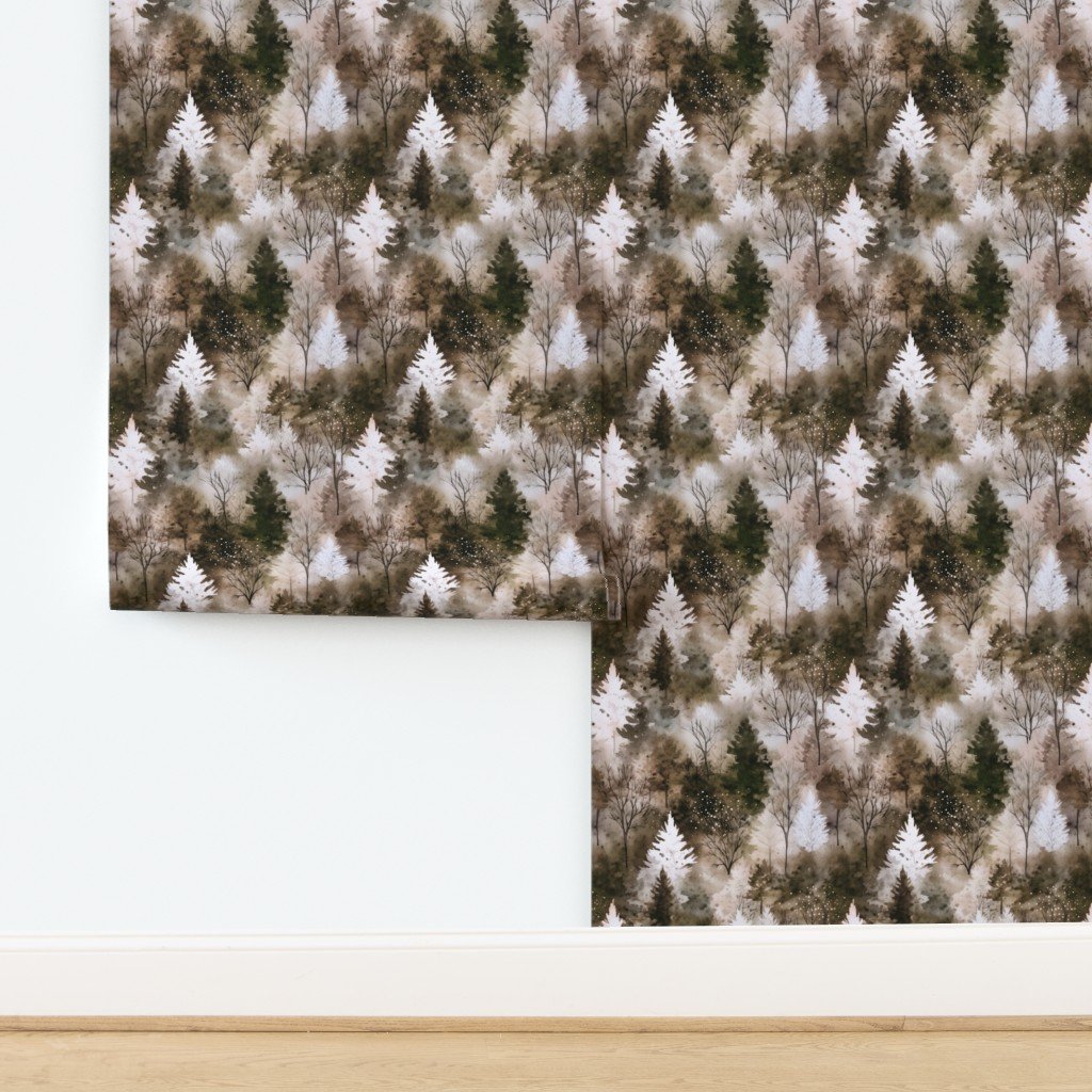 Small Endless Winter Tree Dreamscape Trees in Earthy Misty Forest Wallpaper design