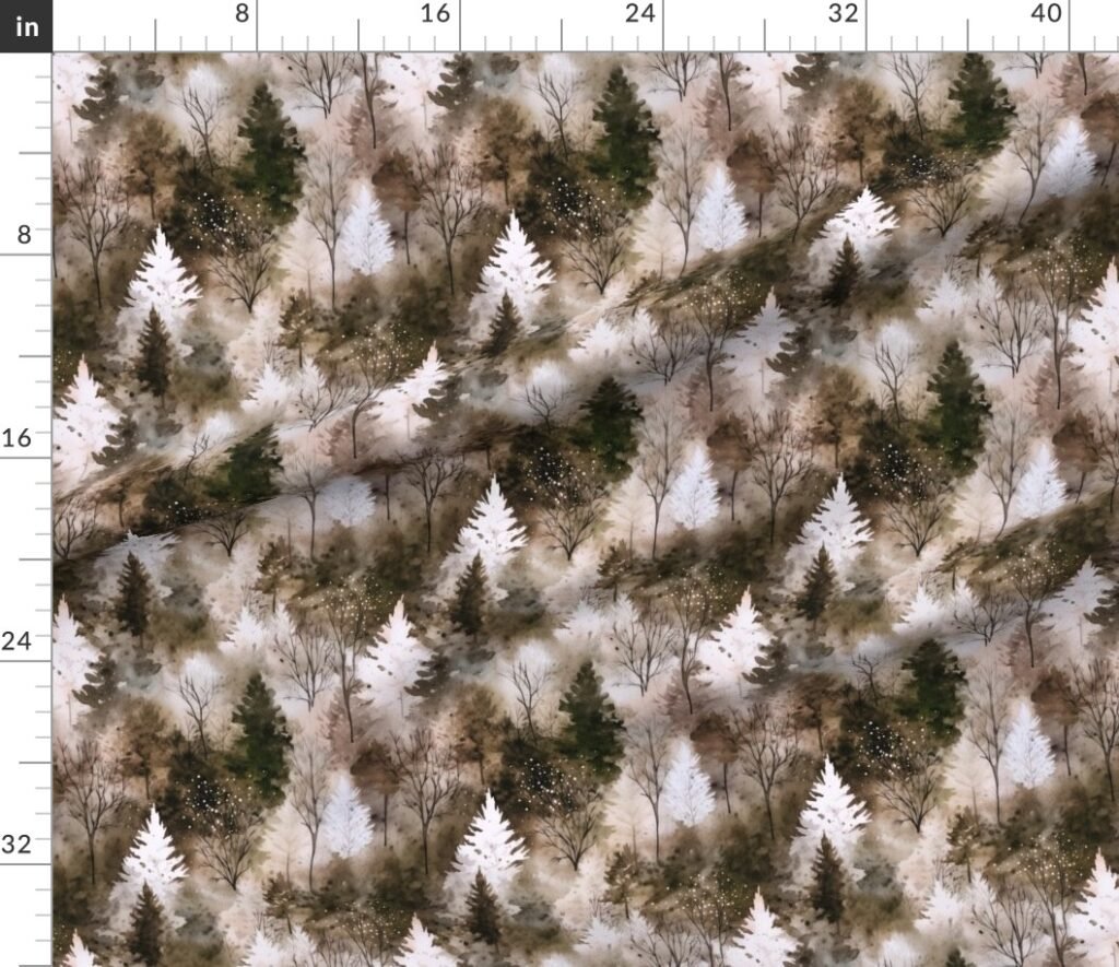 Small Endless Winter Tree Dreamscape Trees in Earthy Misty Forest Fabric design