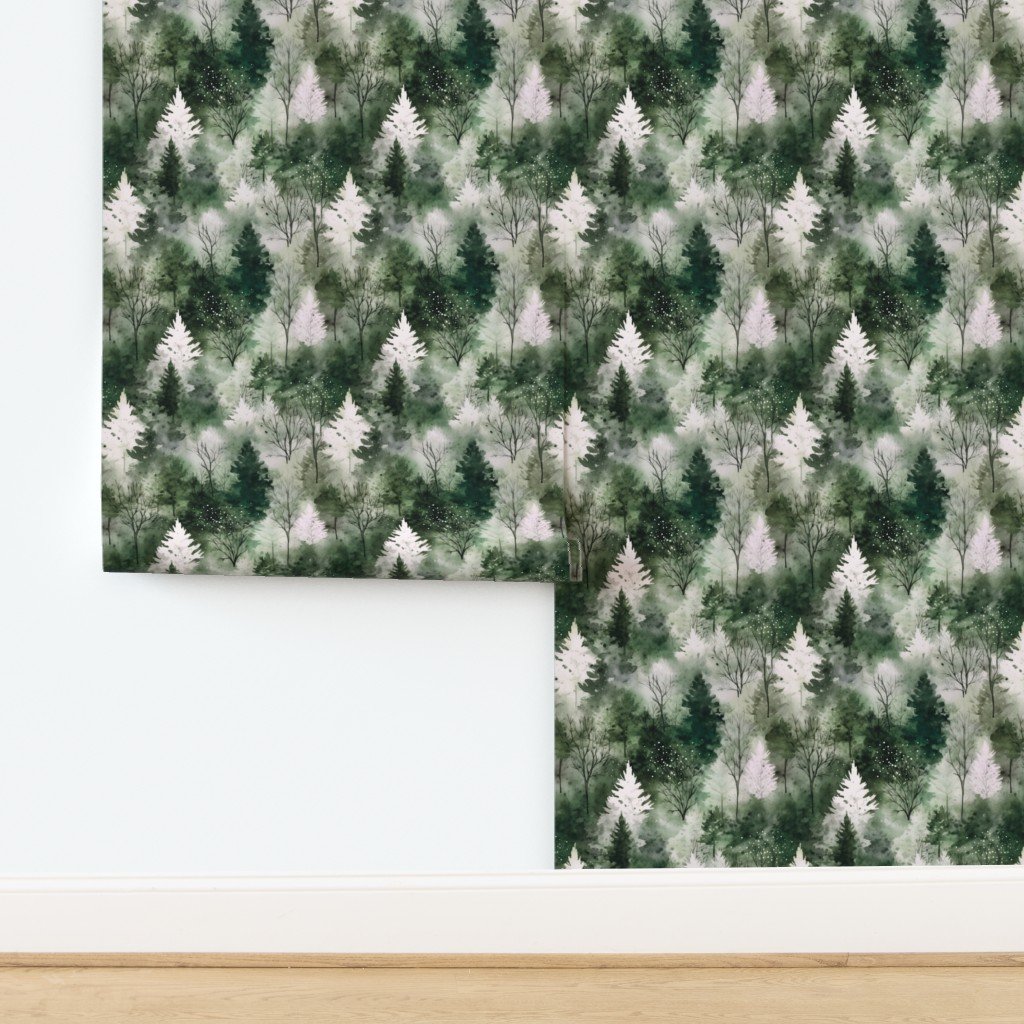 Small Endless Winter Tree Dreamscape Trees in Deep Green Misty Forest W Wallpaper design
