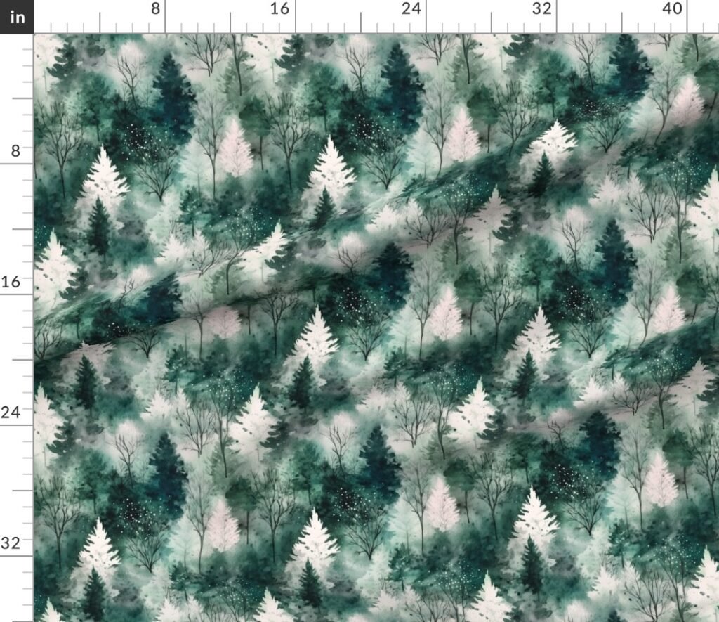 Small Endless Winter Tree Dreamscape Trees in Cool Teal Misty Forest Fabric design